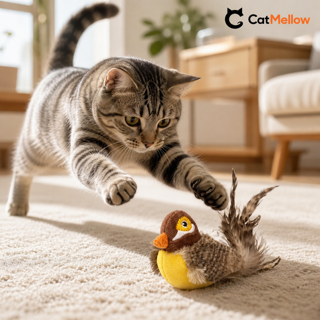 Cat reaching toward the Little Bird toy