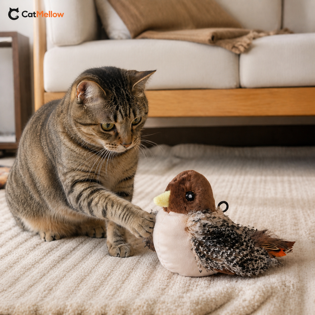 Cat pawing the Lark toy on a rug