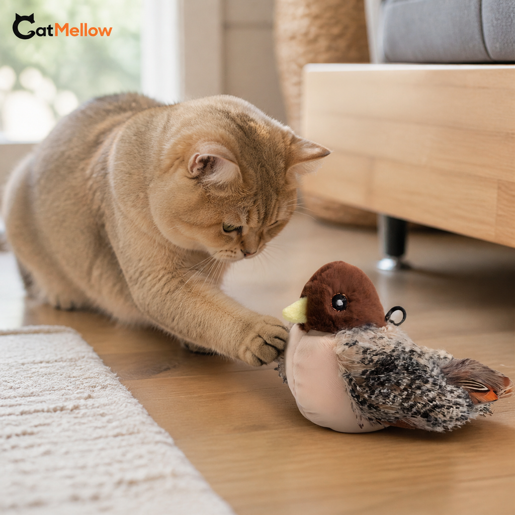 Cat reaching toward the Lark toy on a wood floor