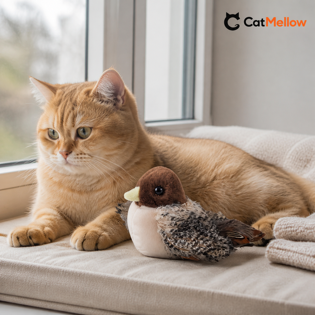 Cat resting beside the Lark toy