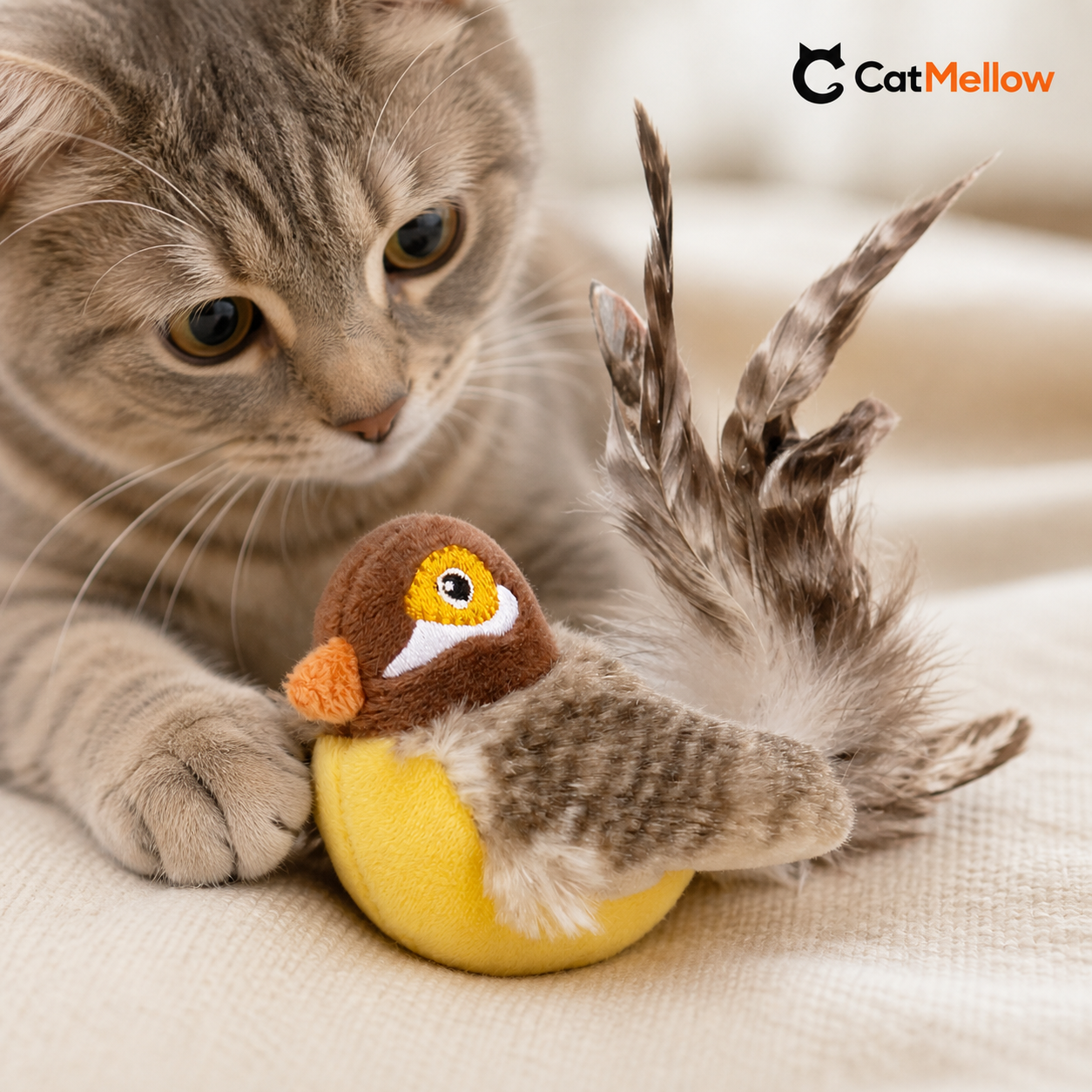 Close view of the Little Bird toy fabric and feathers
