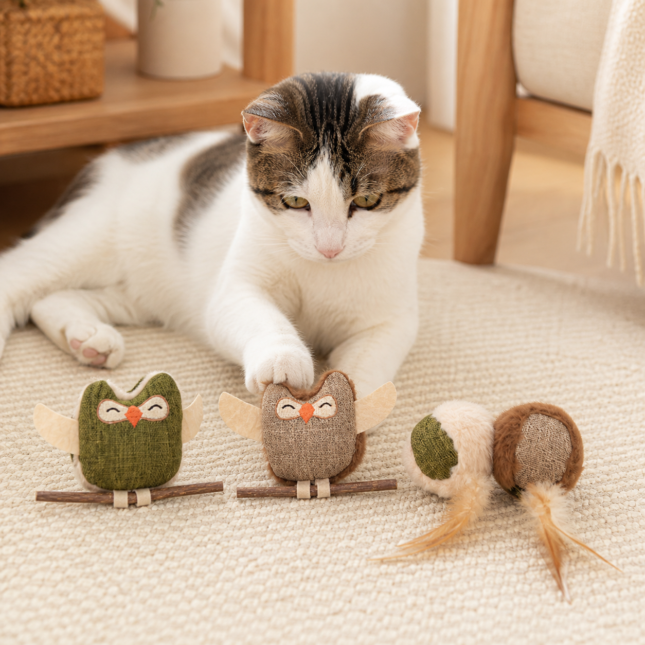 Cat playing beside green owl, brown owl, and dual-color feather ball toy styles