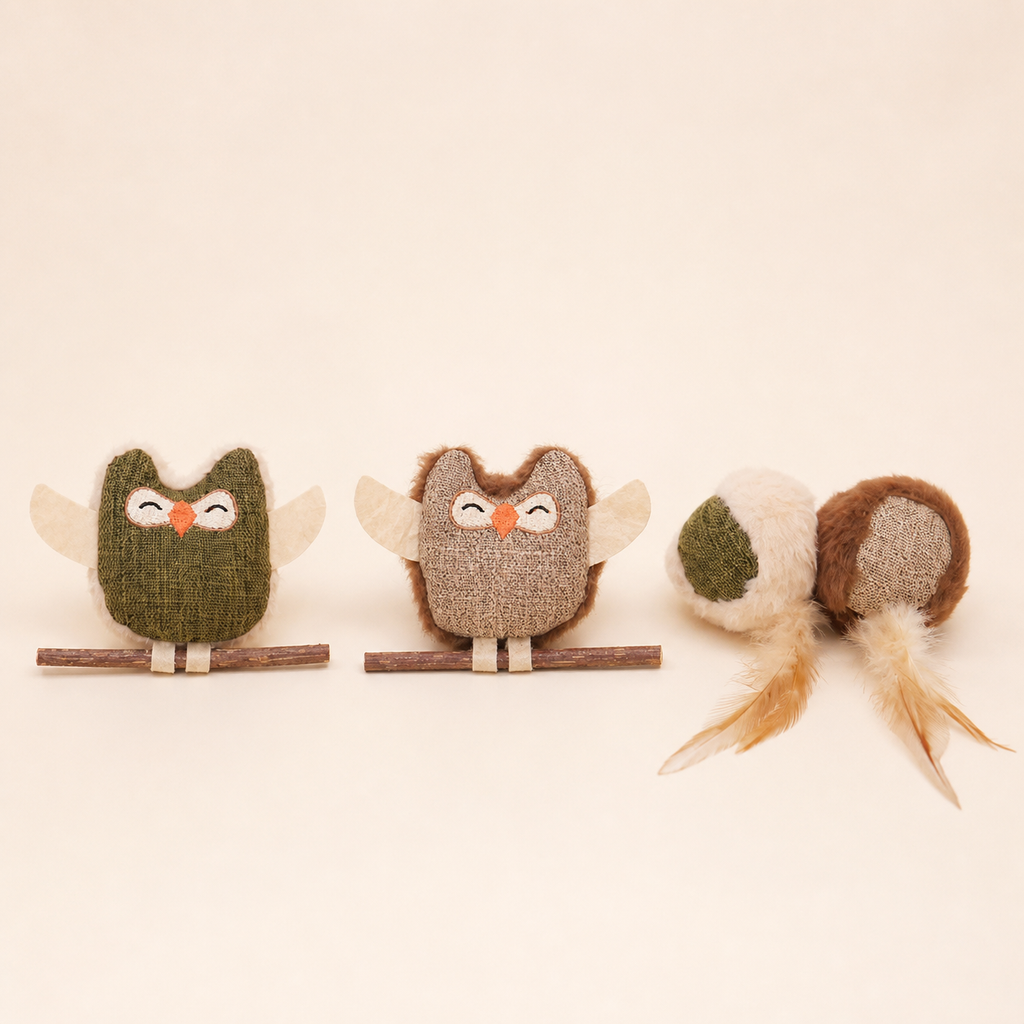 Green owl, brown owl, and dual-color feather ball toy styles together