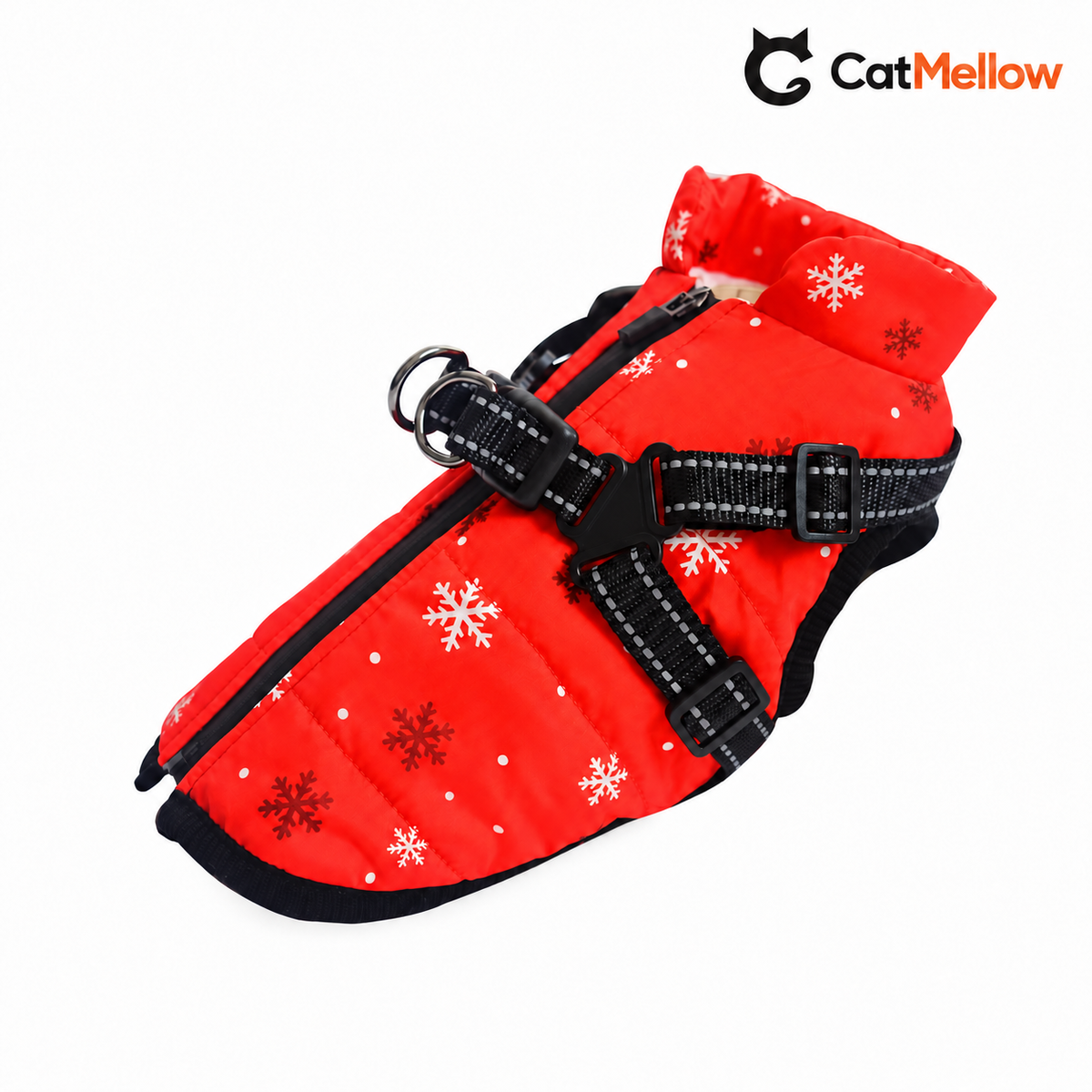 Red snowflake dog coat with stand collar, back zipper, black harness and paired D-rings.