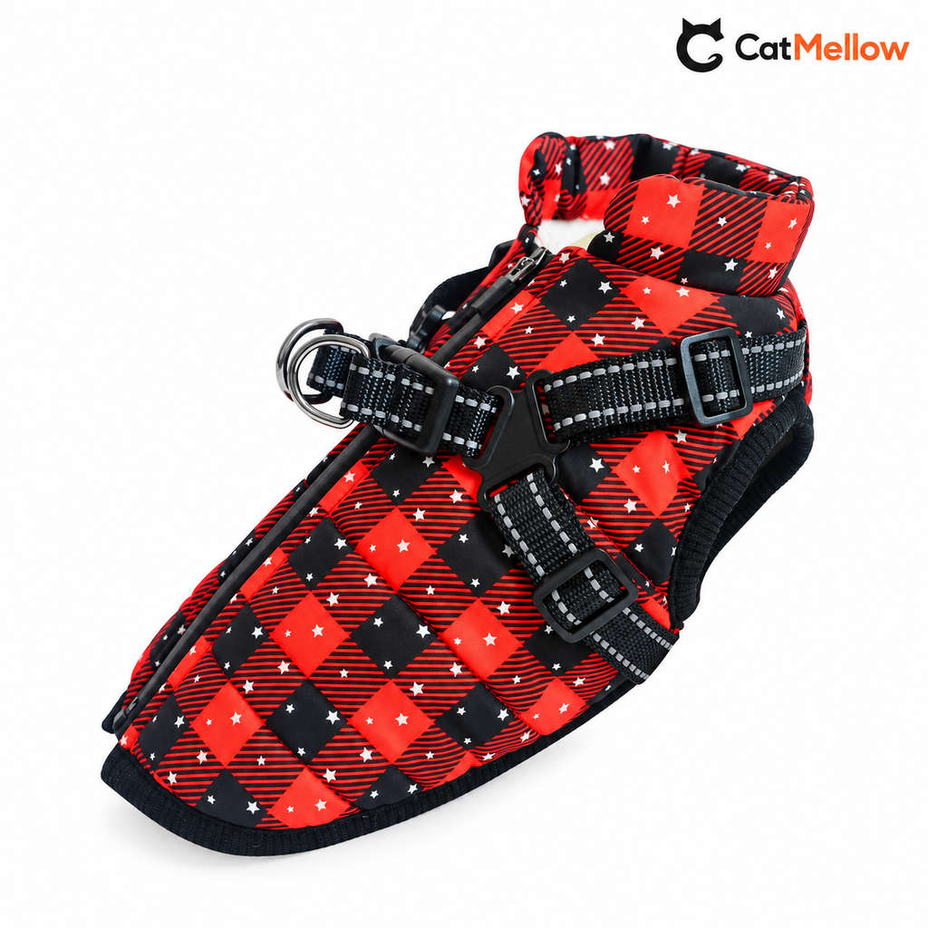 Red-black plaid dog coat with small white stars, back zipper and adjustable harness.
