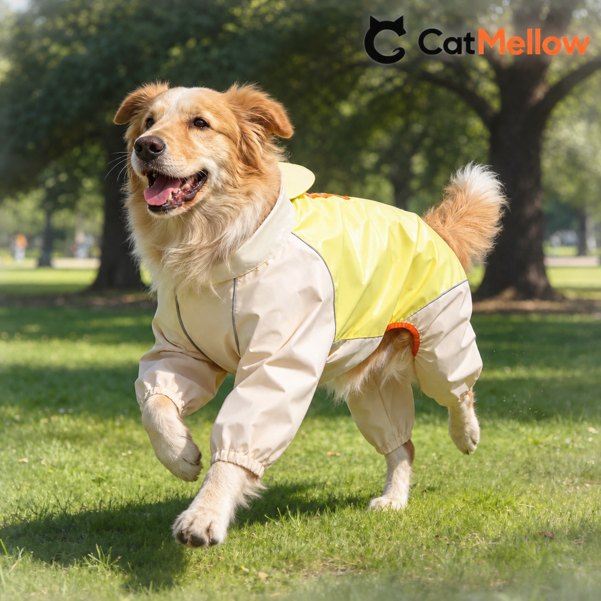 Dog wearing a yellow and cream four-leg raincoat outdoors