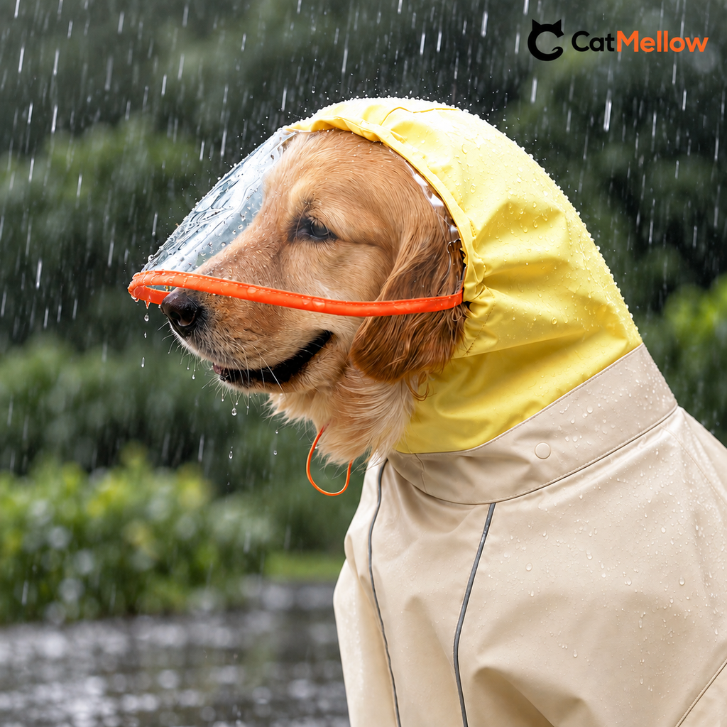 Clear orange-edged visor on yellow dog raincoat