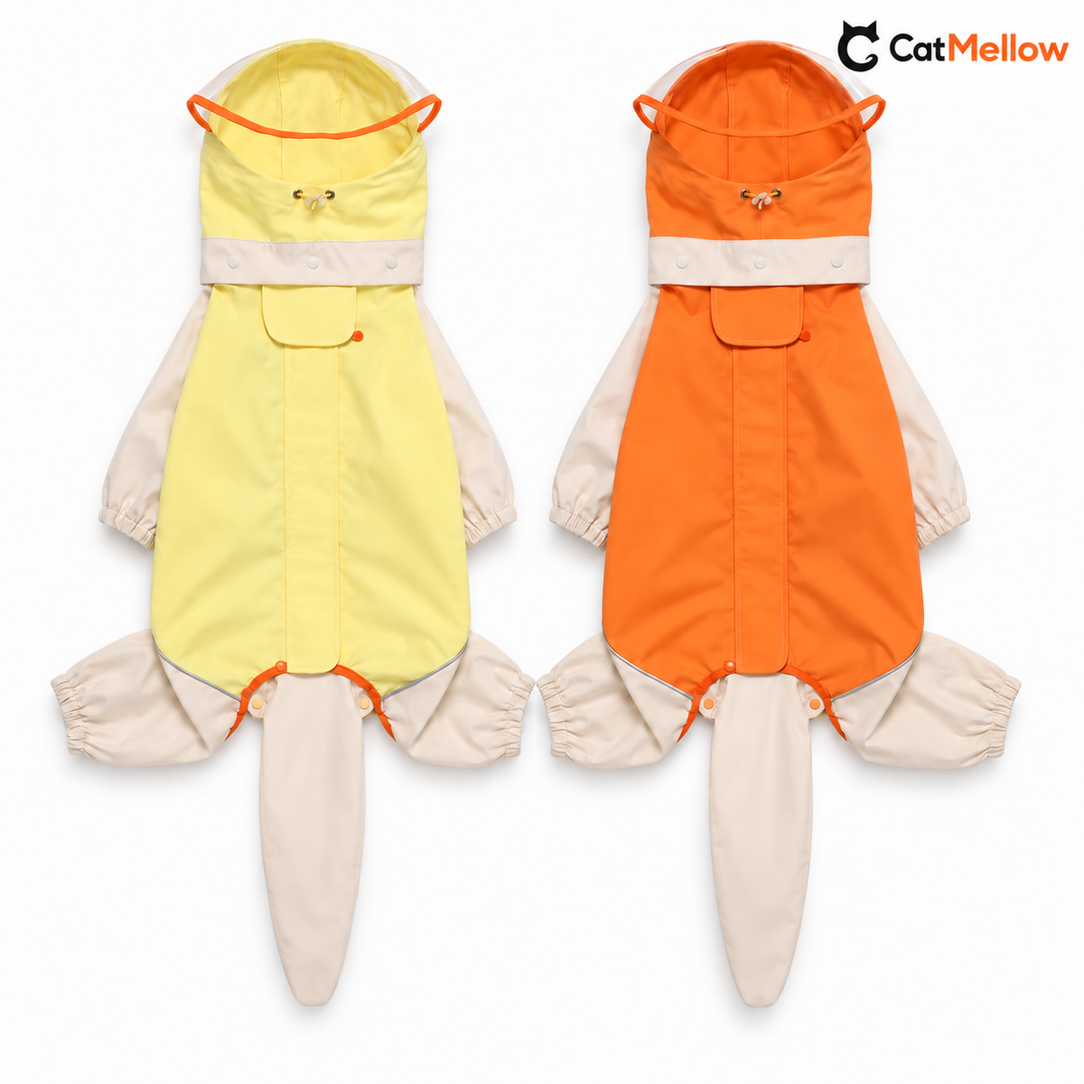 Yellow and orange dog raincoats laid flat