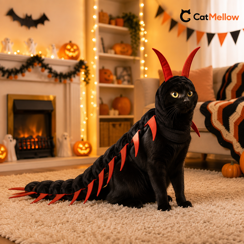 Black cat wearing the black-and-red CatMellow centipede Halloween costume in a warmly lit Halloween living room