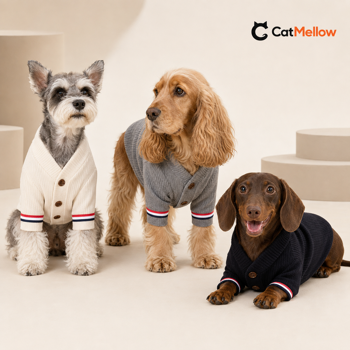 Schnauzer, Cocker Spaniel and Dachshund wearing ivory, gray and black knit cardigans