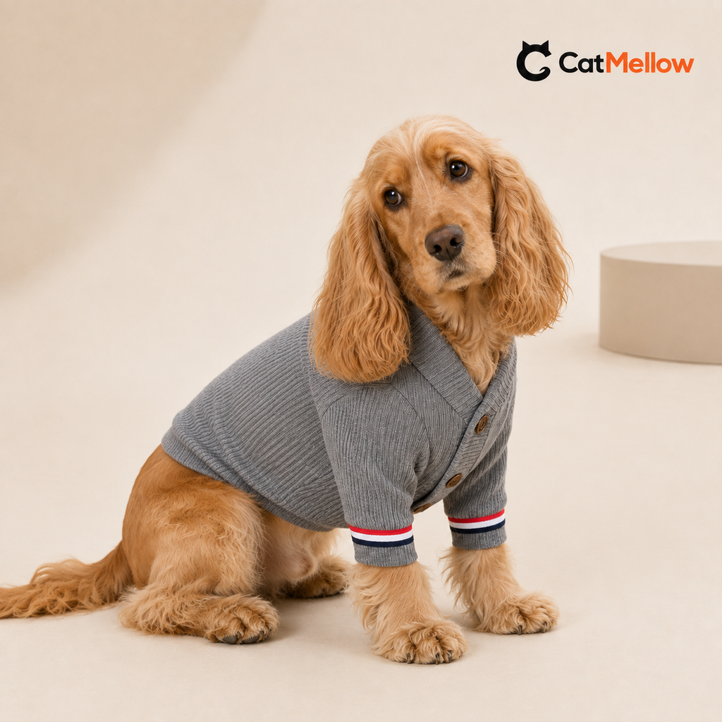 Cocker Spaniel wearing a gray knit cardigan