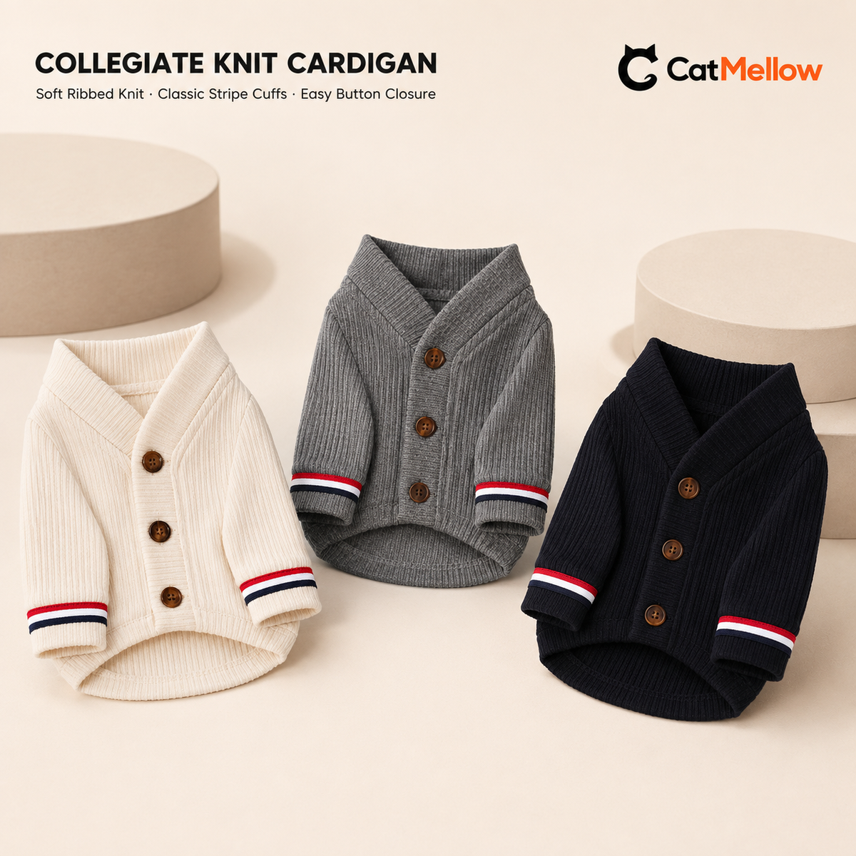 Ivory, gray and black dog cardigans with stripe cuffs