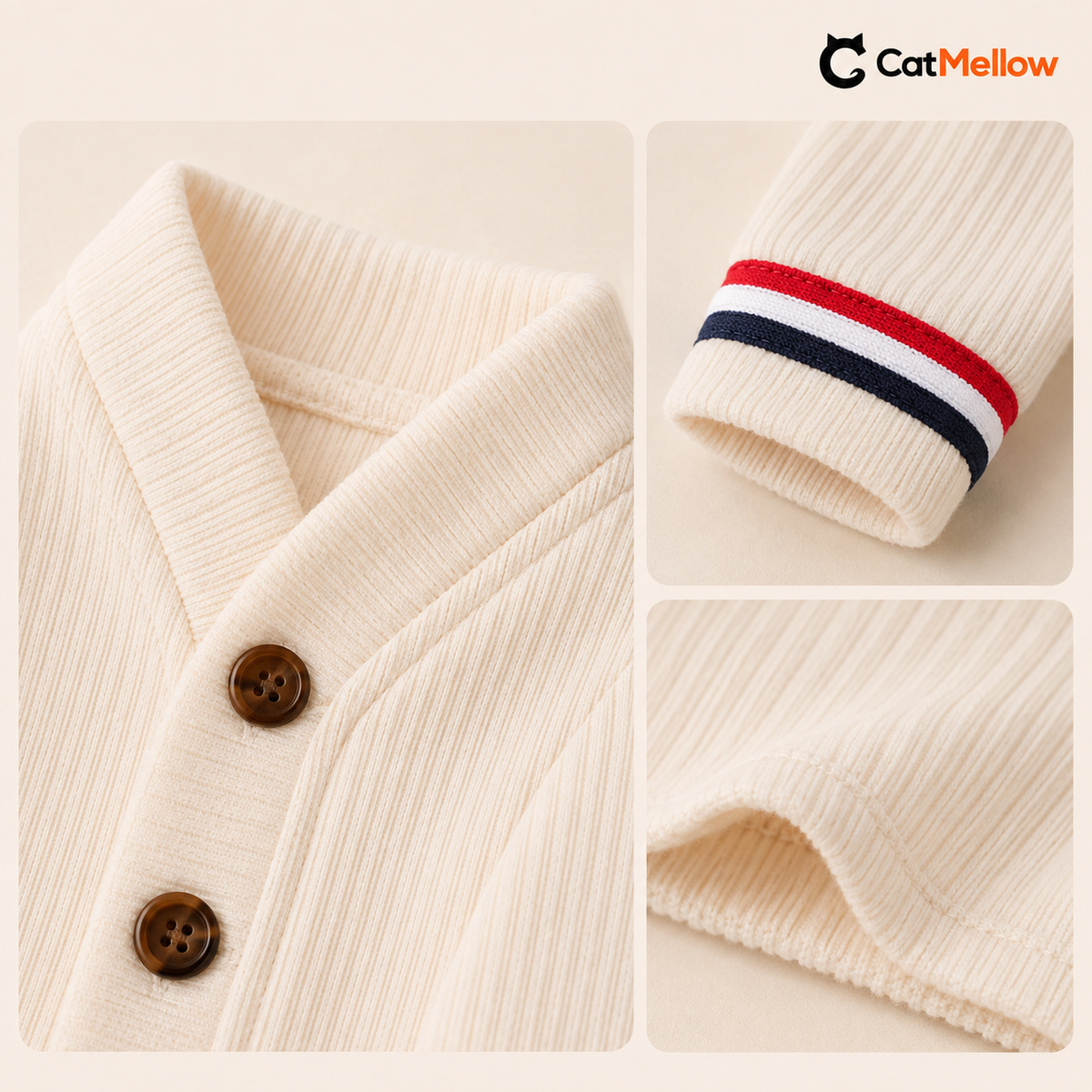 Ivory cardigan collar, stripe cuff and ribbed fabric details