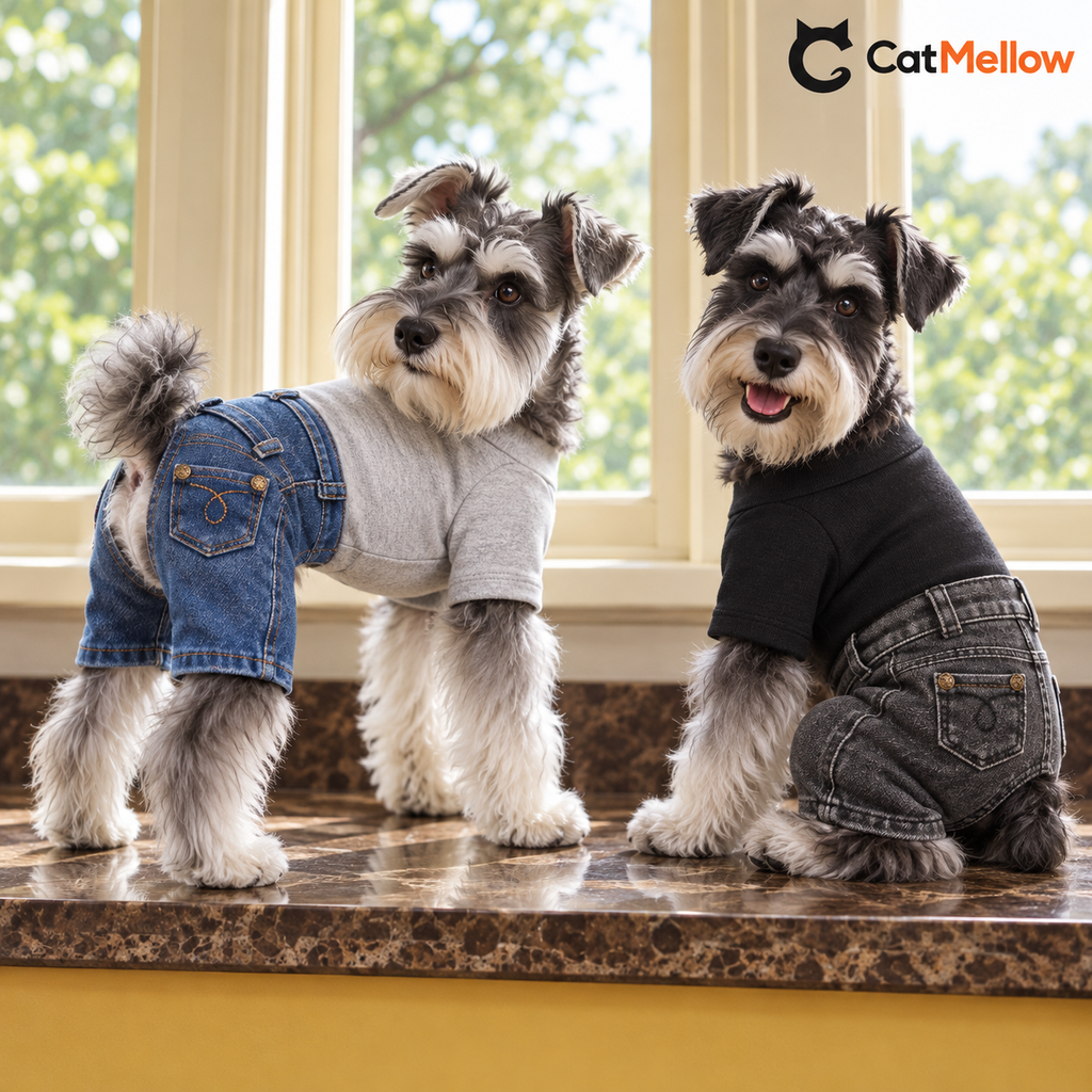 Two Schnauzers wearing gray and black denim dog jumpsuits by a window