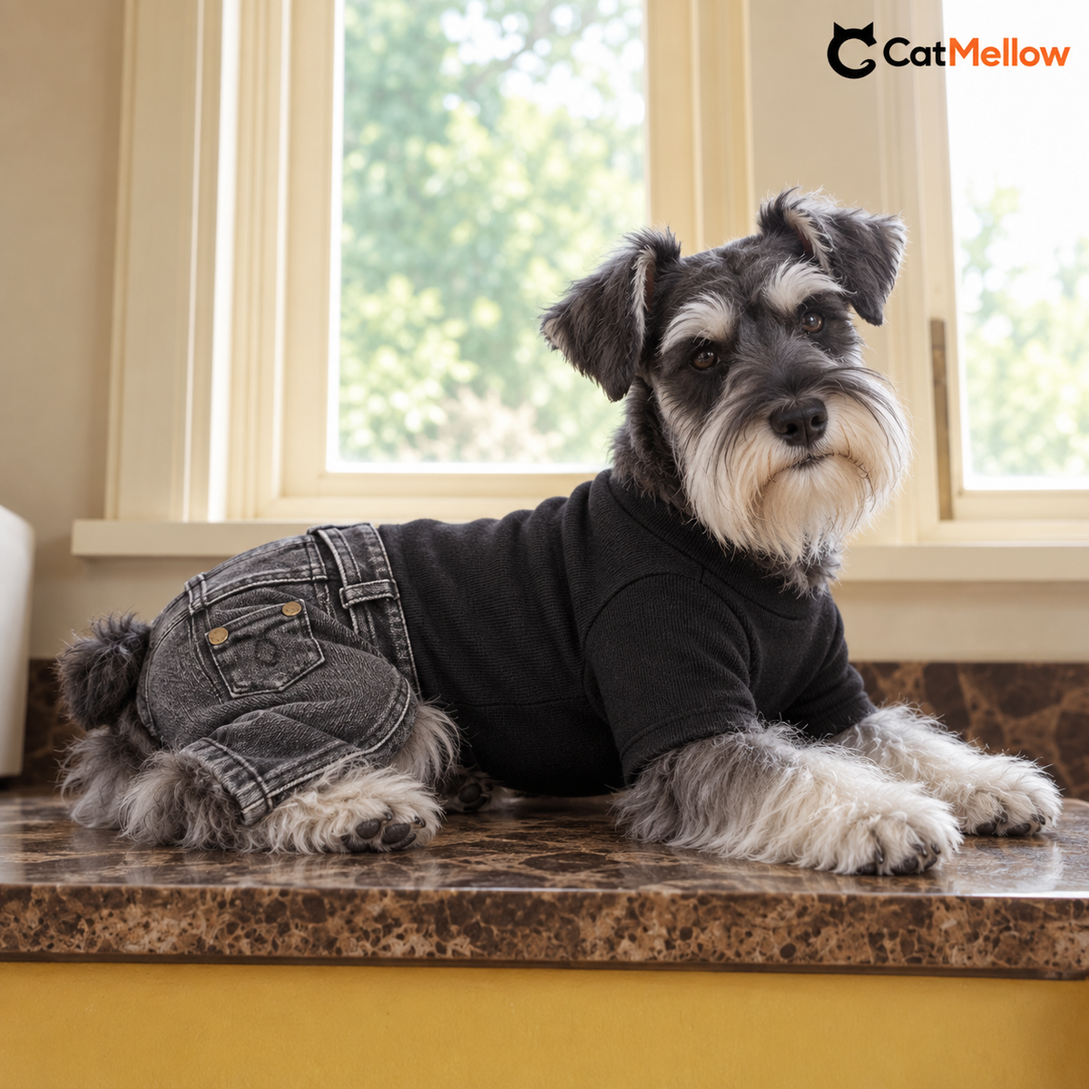 Schnauzer wearing a black knit and charcoal denim jumpsuit