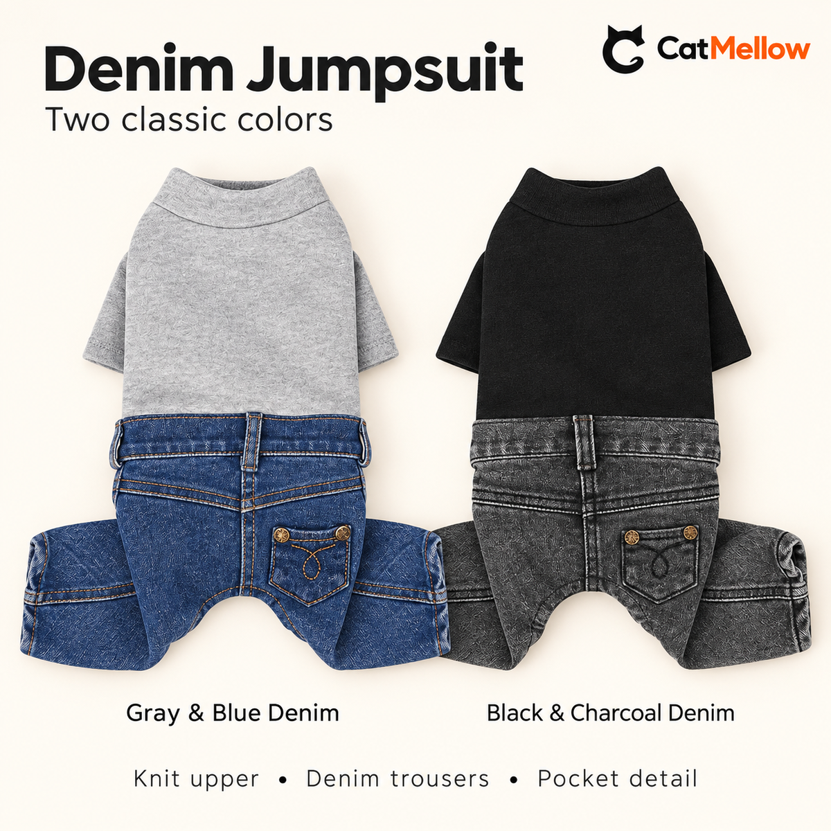 Gray and black short-sleeve denim dog jumpsuits
