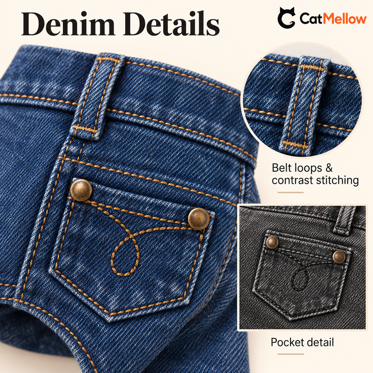 Denim pocket, belt loops and stitching details