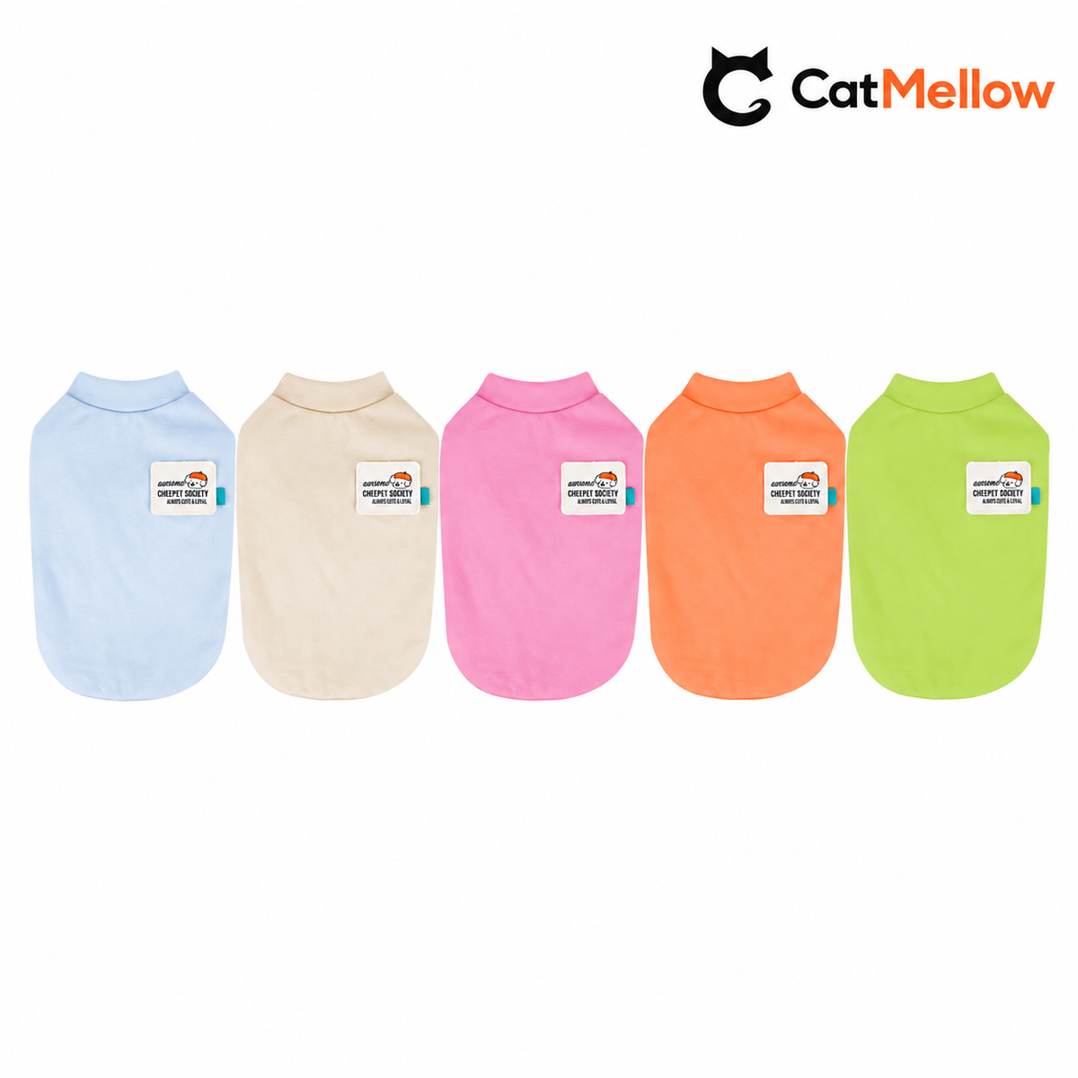 Five dog shirts in blue, cream, pink, orange, and green