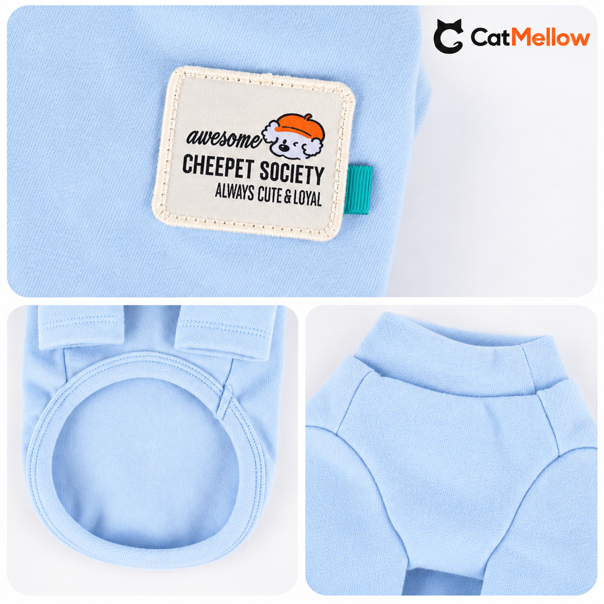 Blue dog shirt patch and stitching details