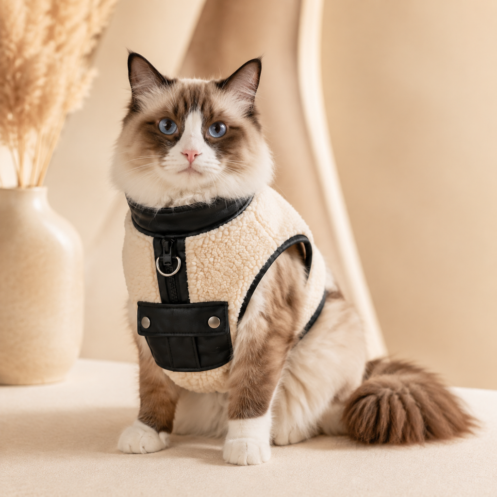 Ragdoll cat wearing the cream sherpa cat vest with black trim, front view.