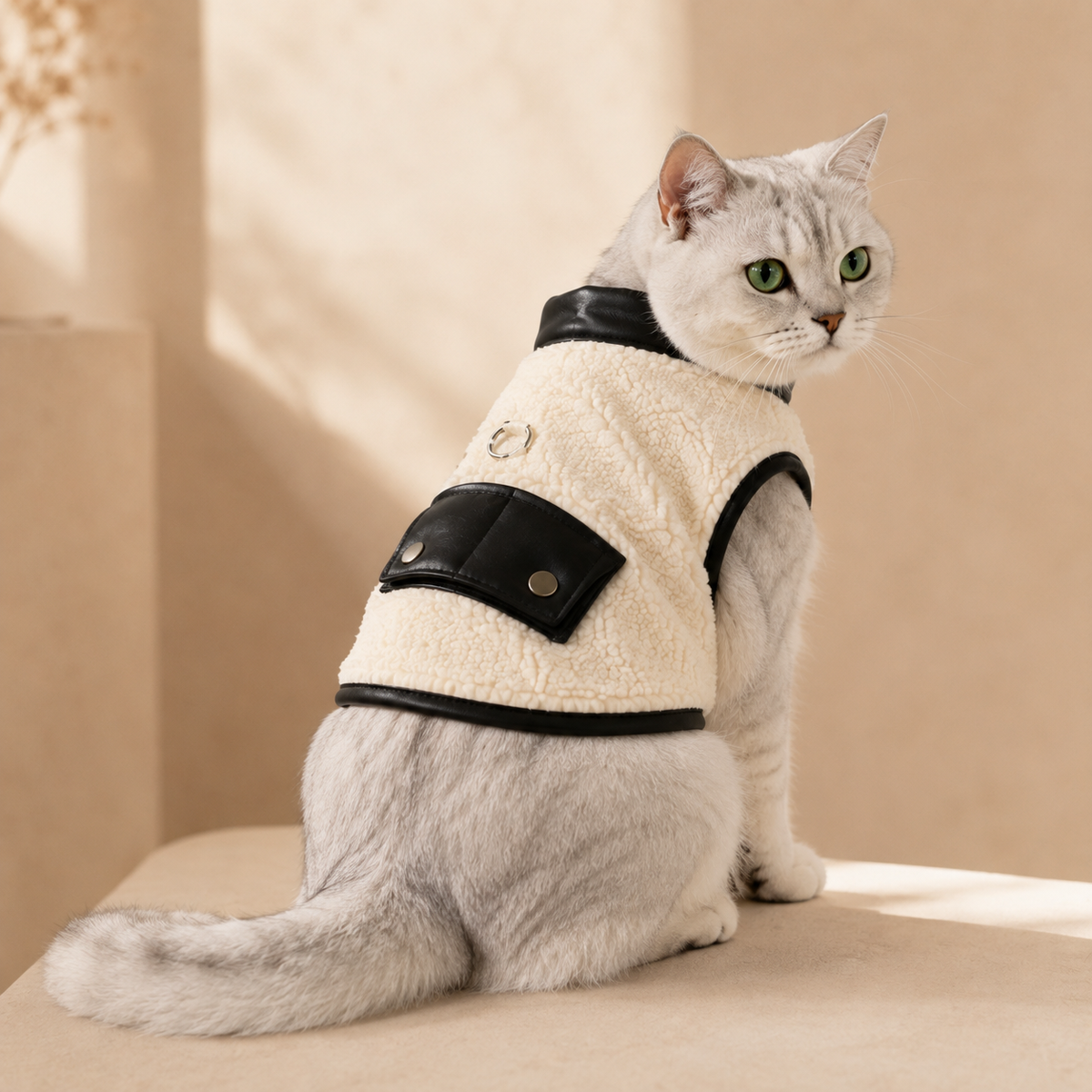 Silver shaded British Shorthair wearing the black-trim cream sherpa cat vest, side view.