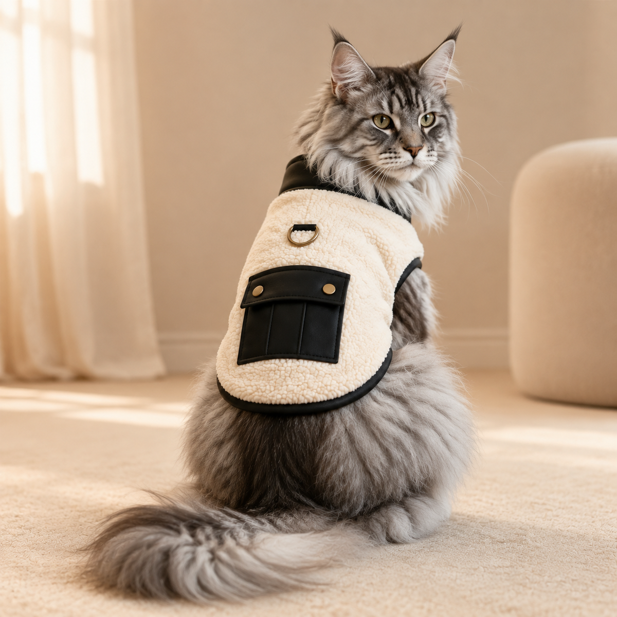 Maine Coon wearing the black-trim cream sherpa cat vest, rear view.
