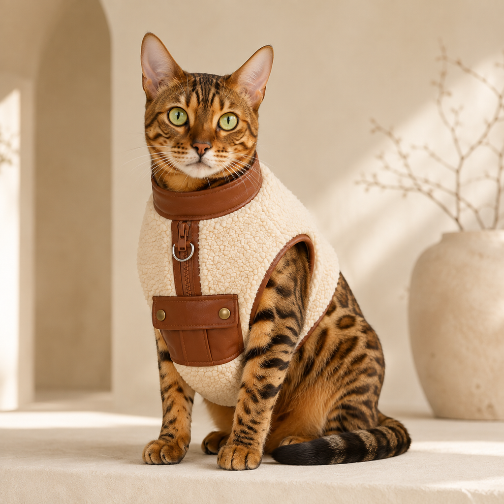 Bengal cat wearing the cream sherpa cat vest with brown trim, front view.