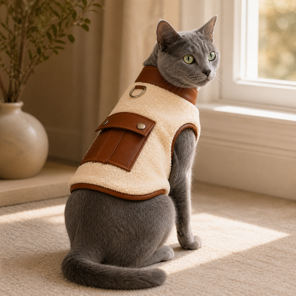 Russian Blue wearing the brown-trim cream sherpa cat vest, side-rear view.