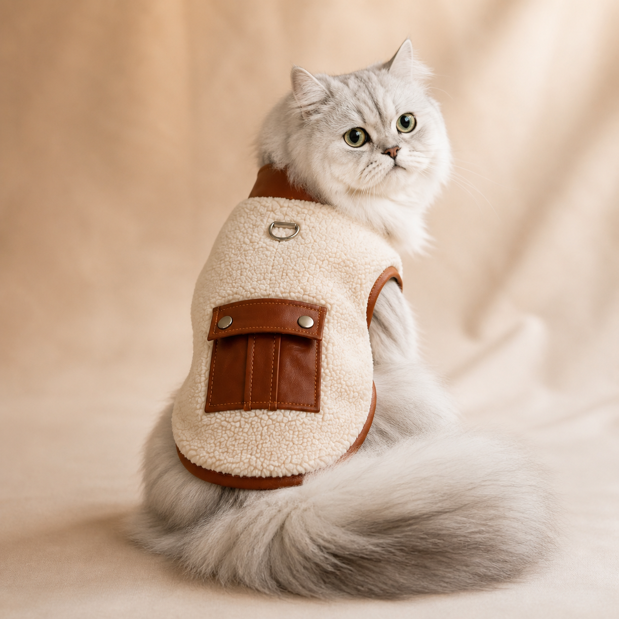 Chinchilla Persian wearing the brown-trim cream sherpa cat vest, rear view.