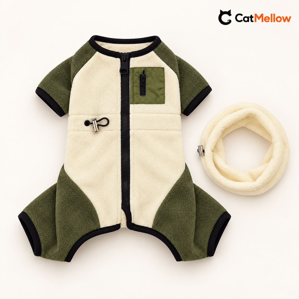 Vanilla cream and olive four-leg fleece dog onesie with separate cream snood laid flat.
