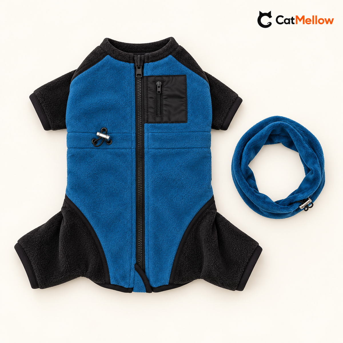 Sapphire blue and black four-leg fleece dog onesie with separate blue snood laid flat.