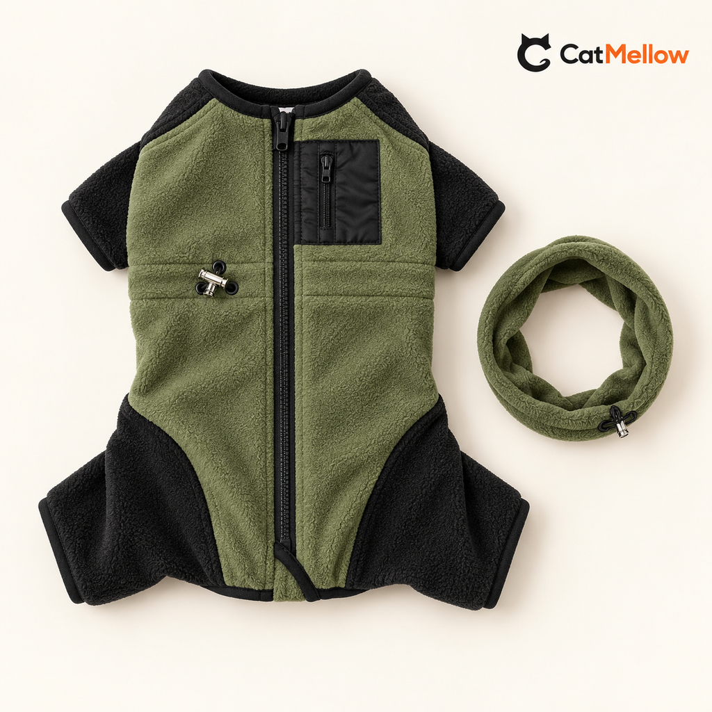 Olive green and black four-leg fleece dog onesie with separate green snood laid flat.