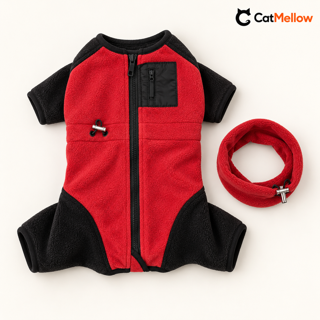 Scarlet red and black four-leg fleece dog onesie with separate red snood laid flat.