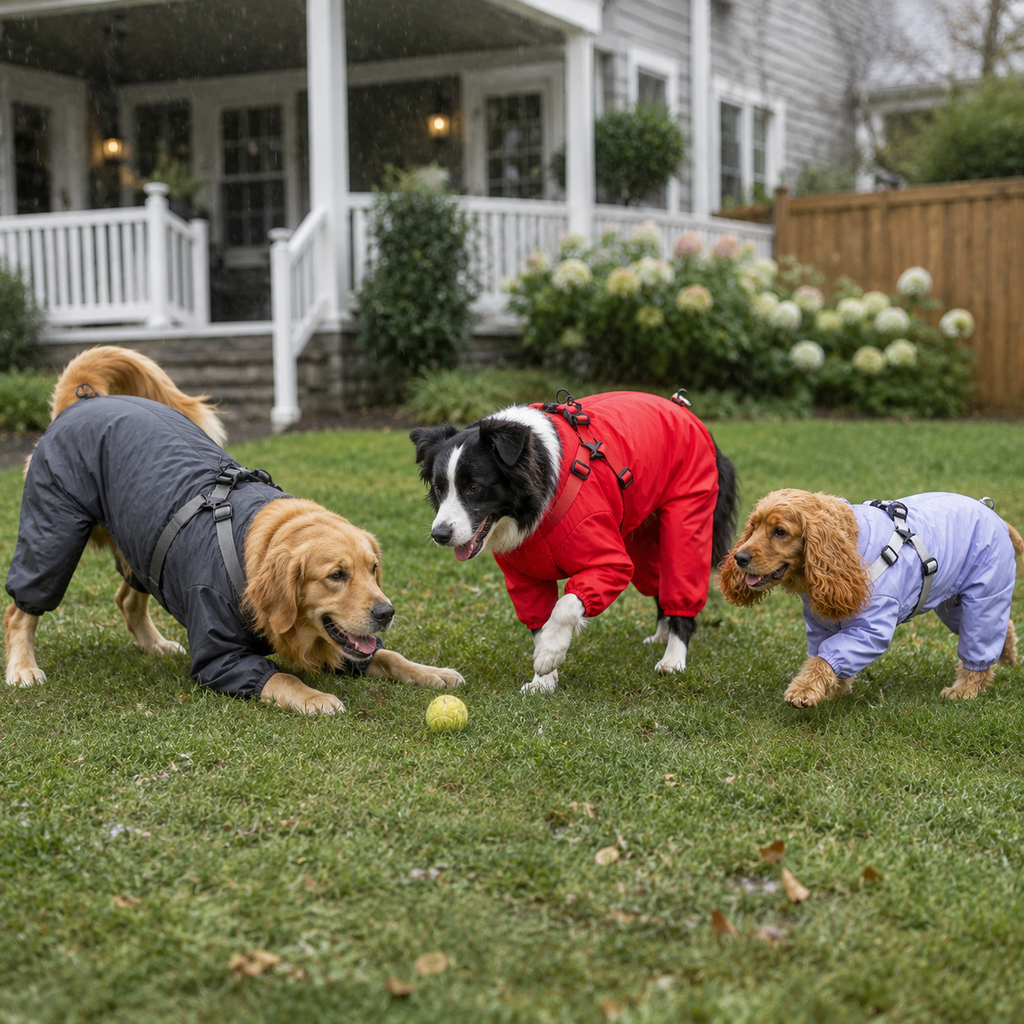 Three dogs wearing gray, red and lavender four-leg raincoats playing with a ball in a rainy backyard.