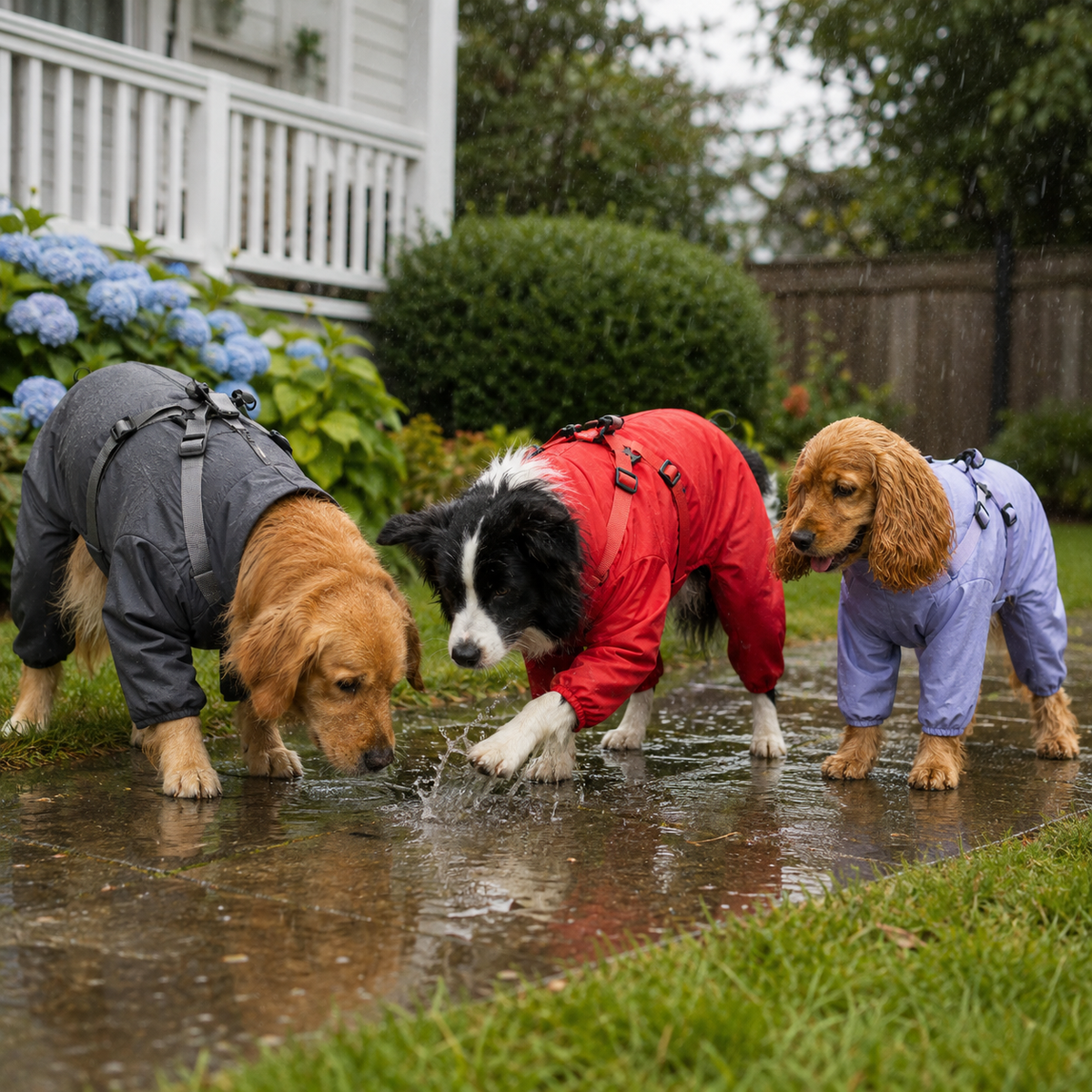 Three dogs wearing gray, red and lavender rain suits exploring a shallow backyard puddle.