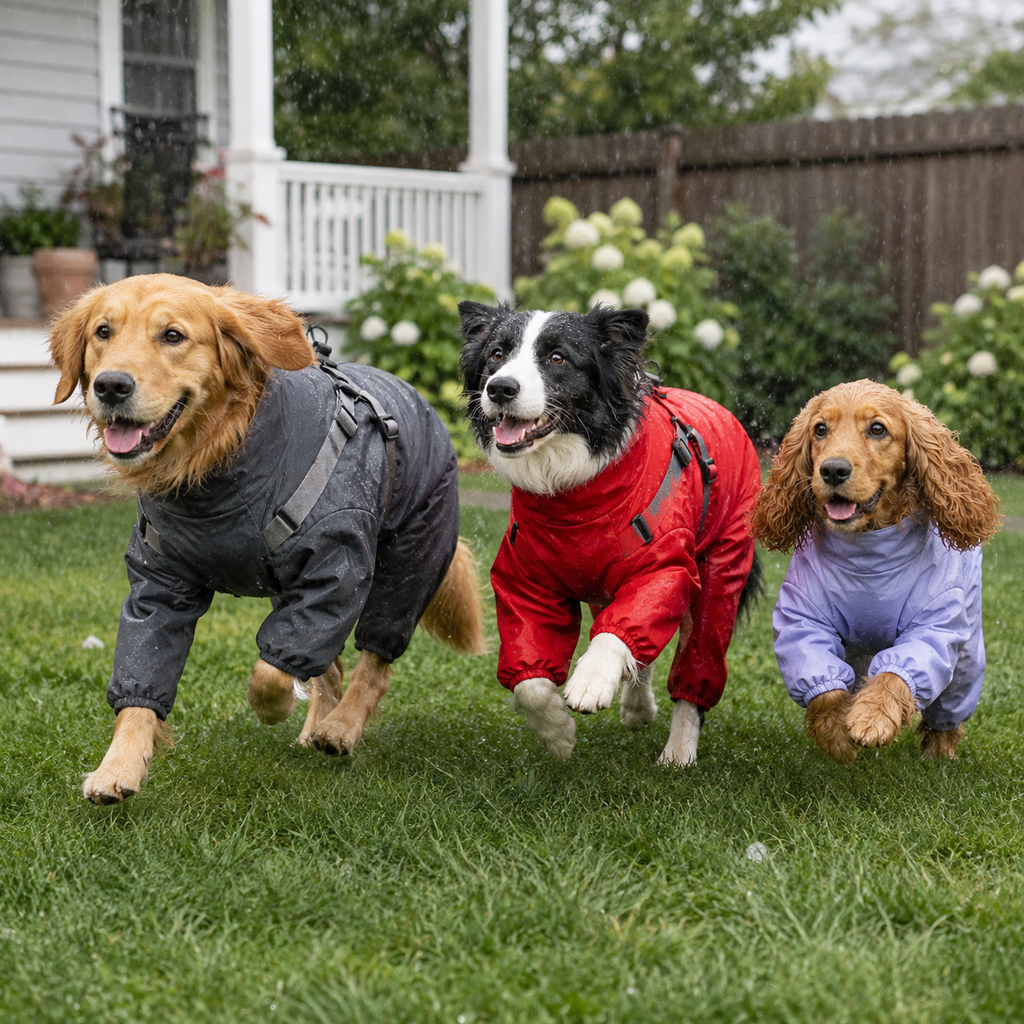 Golden Retriever, Border Collie and Cocker Spaniel running in a rainy backyard wearing rain suits.