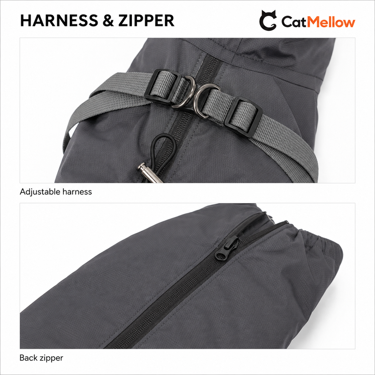Close views of gray dog raincoat adjustable harness and back zipper.