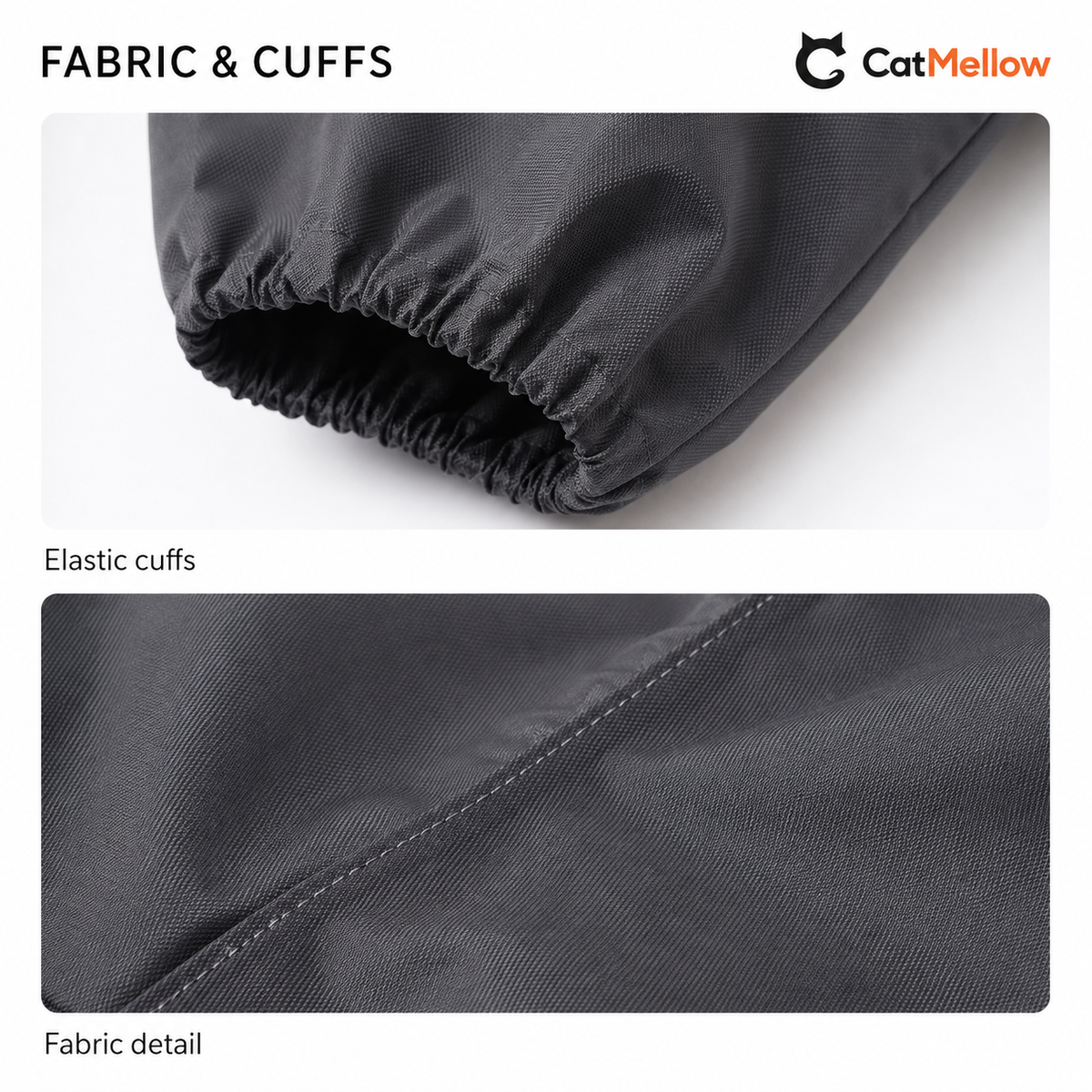 Close views of gray dog raincoat fabric stitching and elastic cuffs.