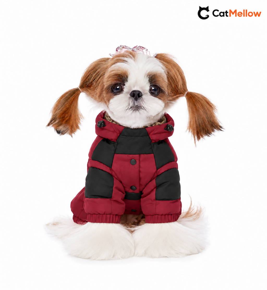 Dog wearing a burgundy and black padded dog snowsuit.