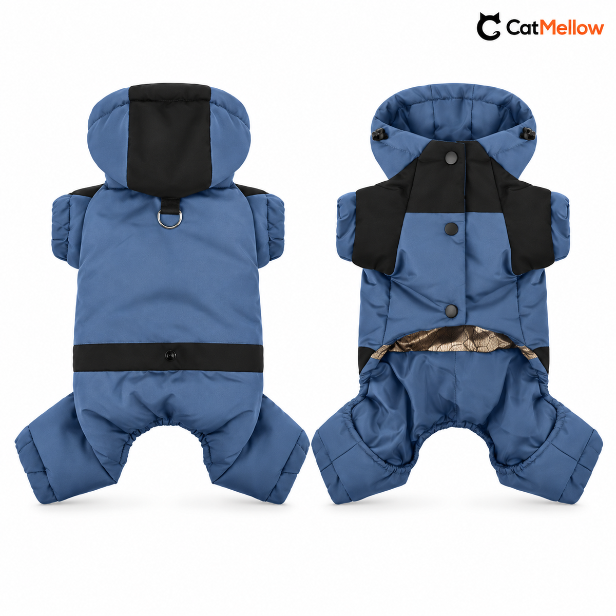 Blue and black hooded dog snowsuit, back and front.