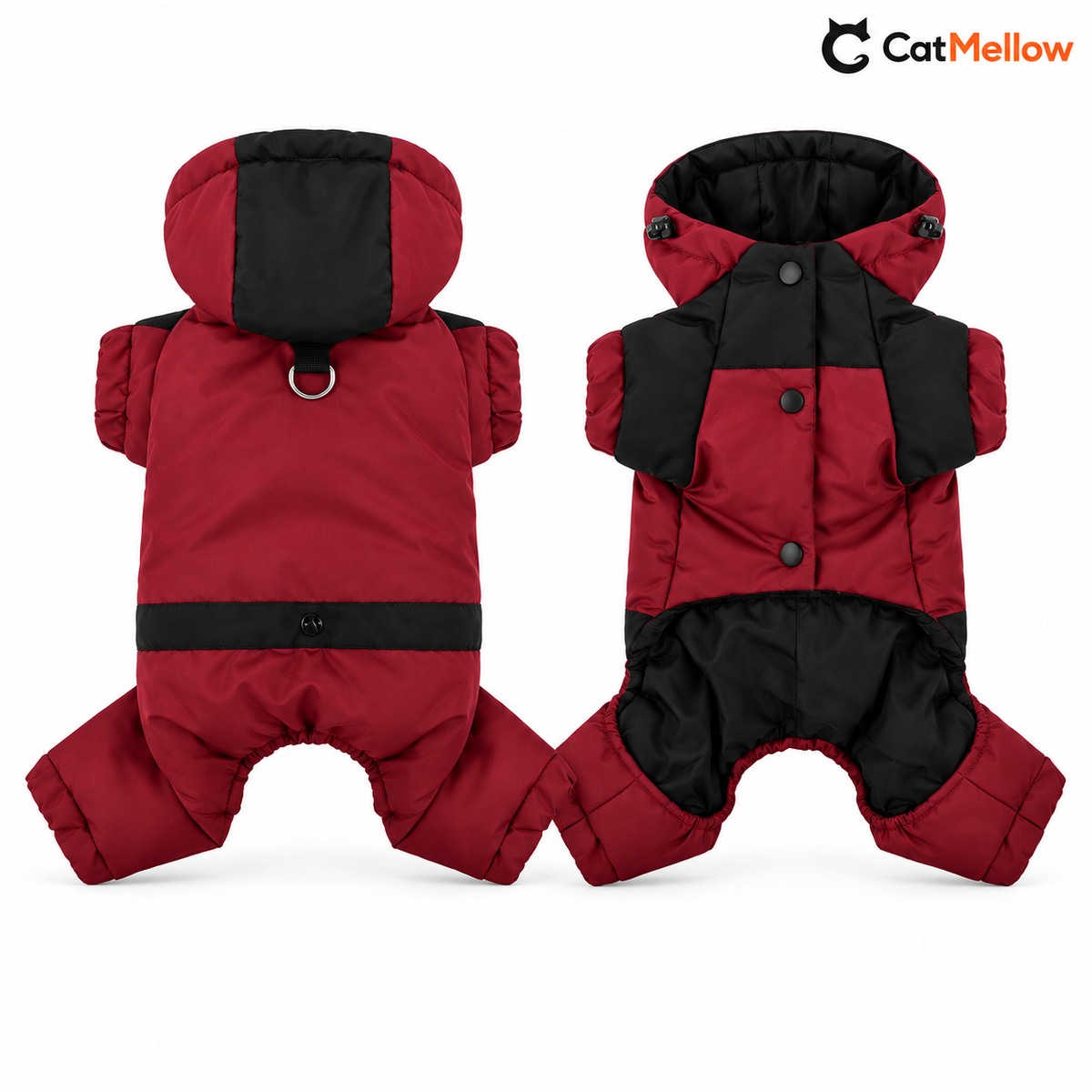 Burgundy and black hooded dog snowsuit, back and front.