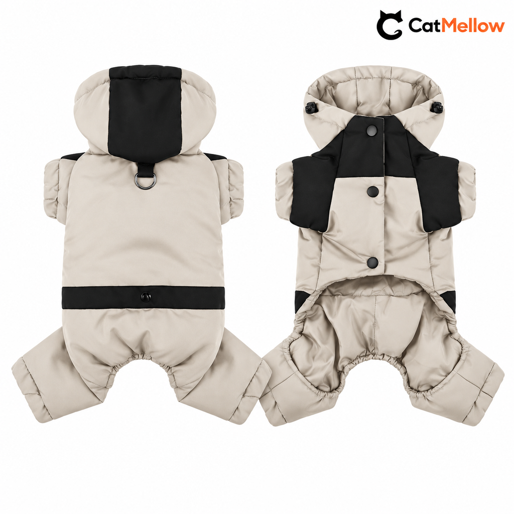 Beige and black hooded dog snowsuit, back and front.