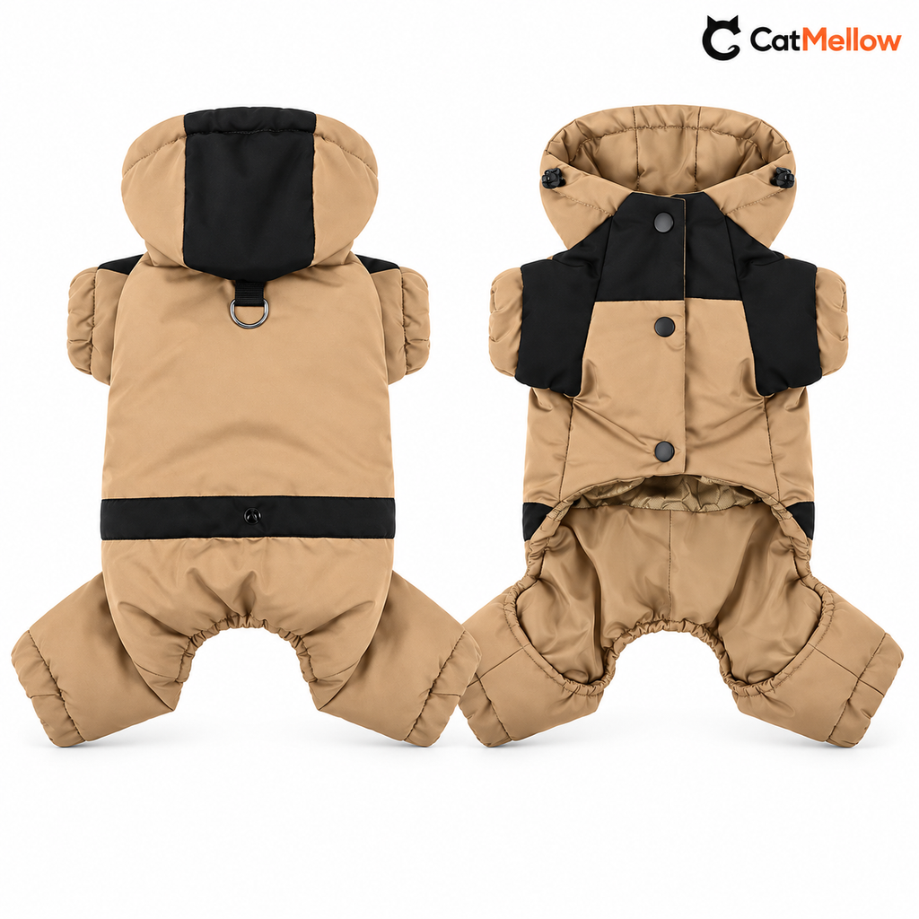 Khaki and black hooded dog snowsuit, back and front.