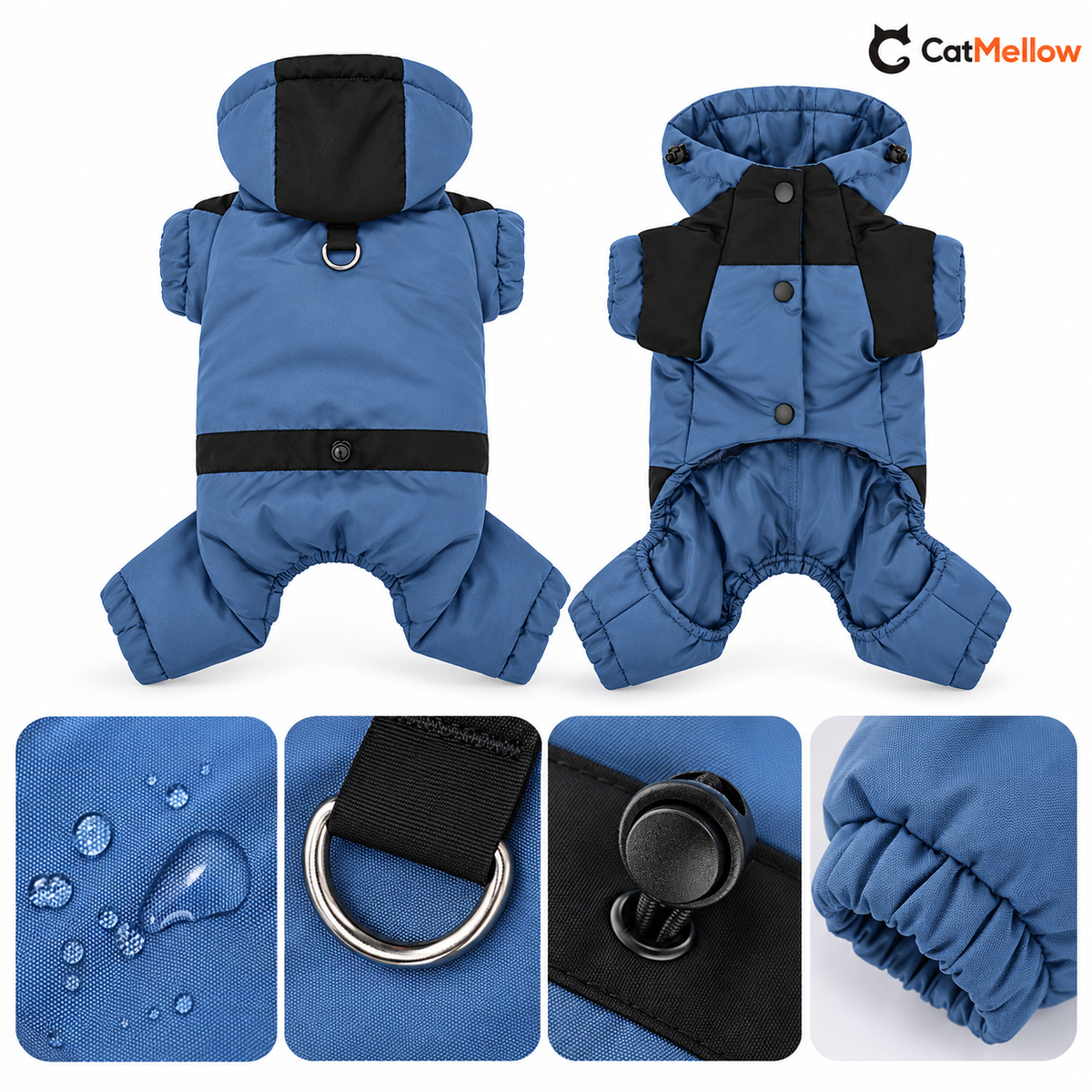 Snowsuit fabric, D-ring, cord lock and elastic cuff details.