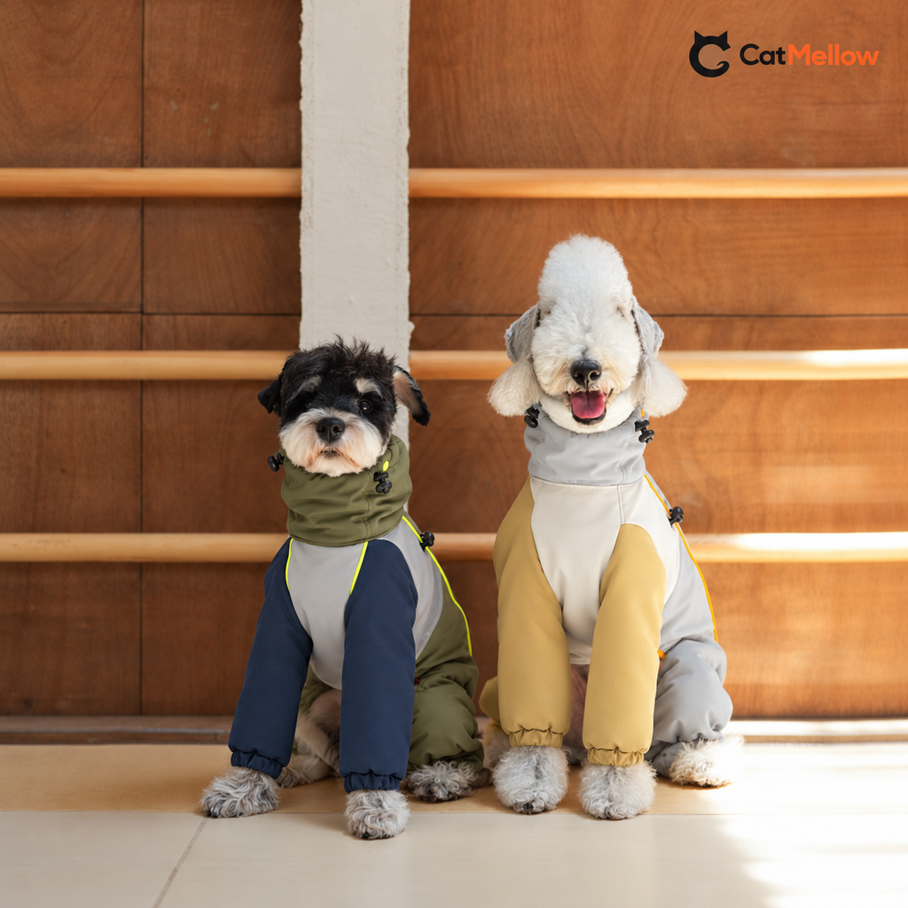 Two dogs wearing olive and gray color-block padded snowsuits
