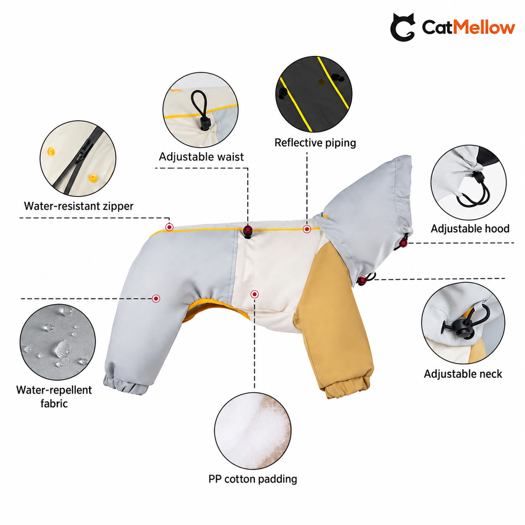 Adjustable drawcords, zipper, reflective piping and padding details