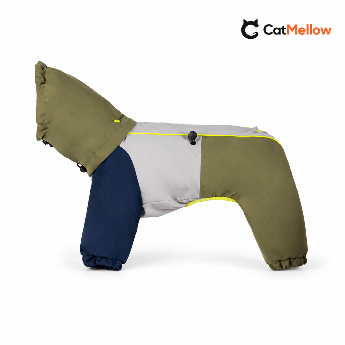 Olive and navy padded dog snowsuit on white background