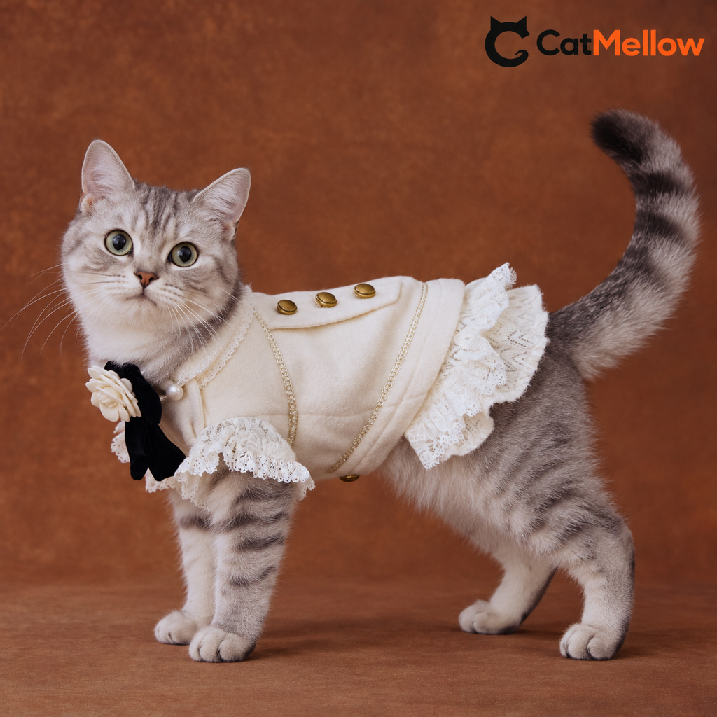 Cat wearing ivory Napoleon lace-trim vest coat, side standing view.
