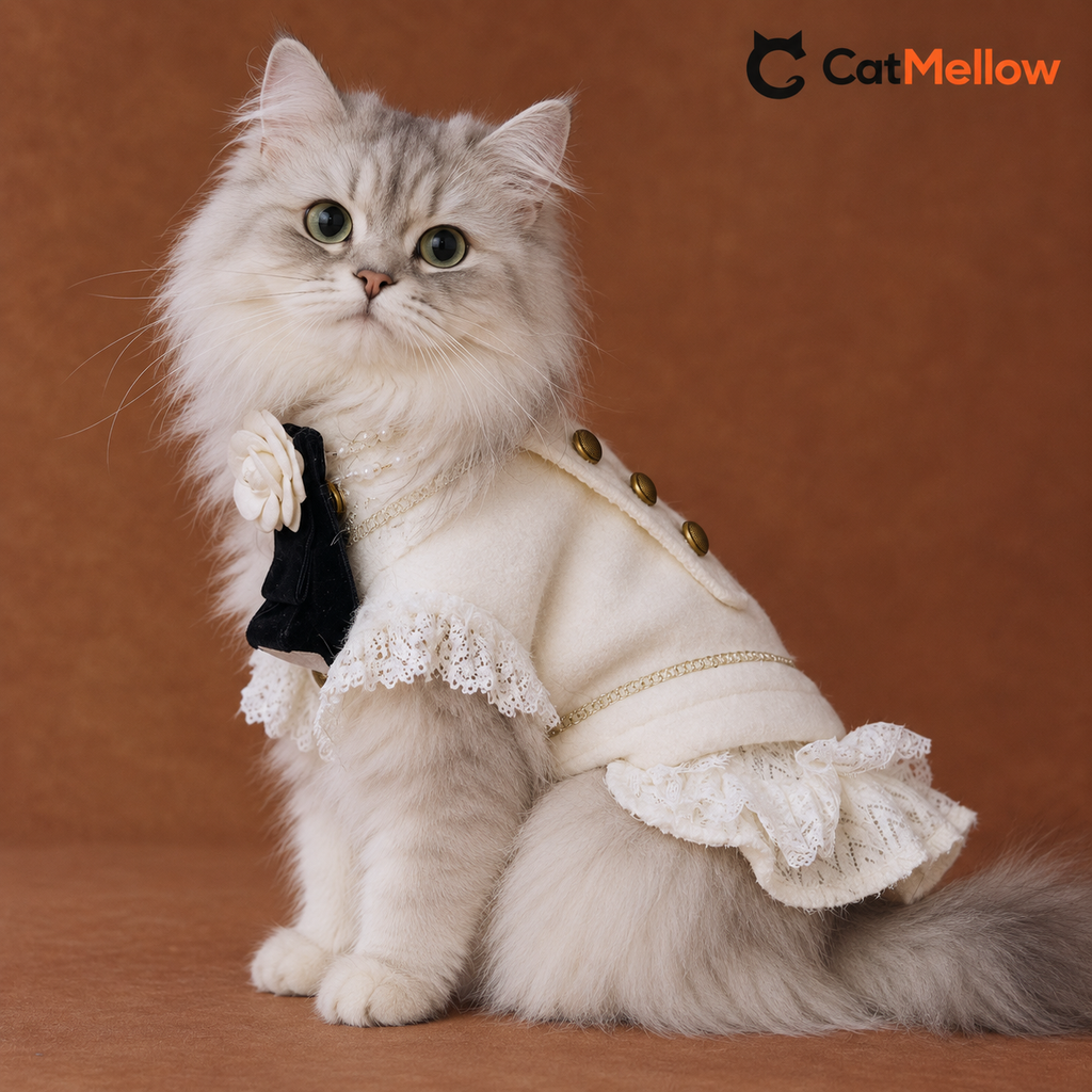 Three-quarter seated cat wearing ivory Napoleon lace-trim vest coat.