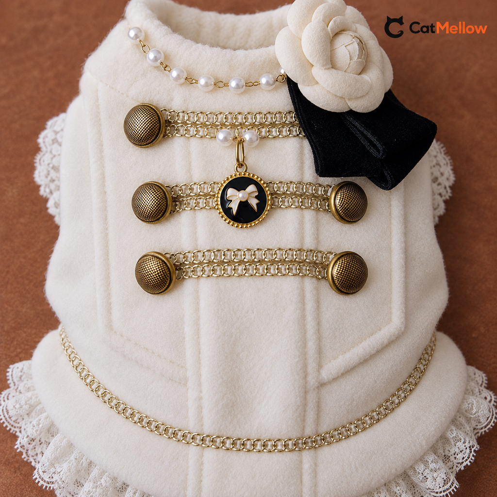 Gold-tone chain and button details on ivory Napoleon cat vest.